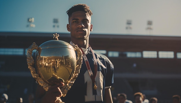 Joueur de football tenant un trophée sur une plate-forme