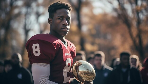 Joueur de football tenant le trophée sur la plate-forme