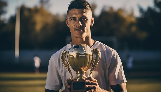 Joueur de football tenant le trophée sur la plate-forme