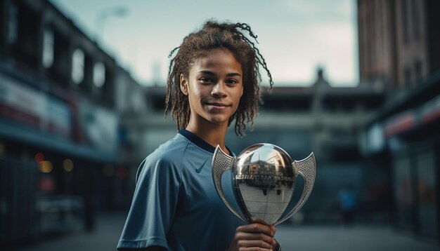 Photo joueur de football tenant le trophée sur la plate-forme