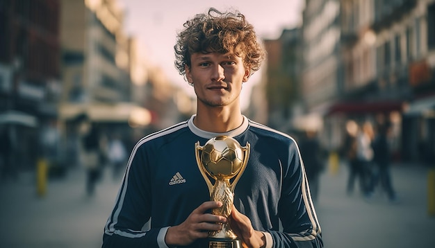 Joueur de football tenant le trophée sur la plate-forme