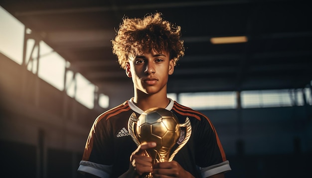 Joueur de football tenant le trophée sur la plate-forme