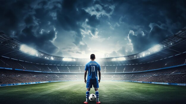 Joueur de football sur le terrain du stade la nuit