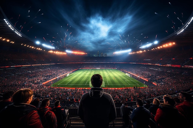 Joueur de football Vue arrière avec ballon sur le terrain du stade Vue nocturne Stade Hug foule