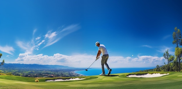 Joueur de golf en chemise bleue debout avec un sac de clubs de golf sur le dos sur un parcours de golf Photo de haute qualité