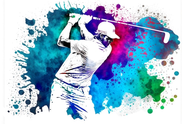 Joueur de golf avec splash arc-en-ciel aquarelle Art généré par le réseau de neurones