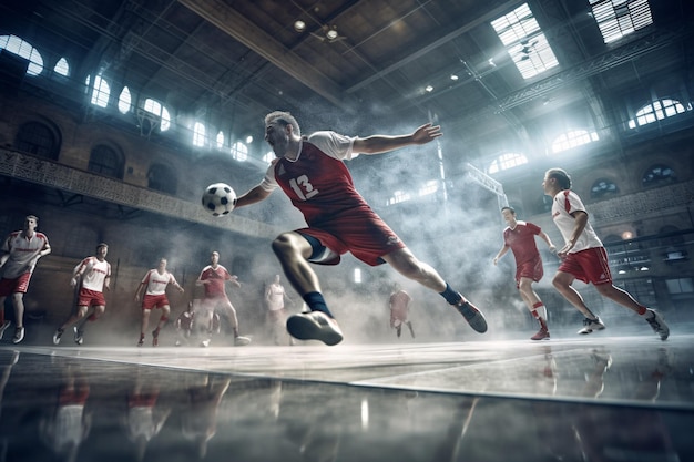 Joueur de handball joueurs en action Ad Sports banner Attack concept with copy space Style publicitaire Generative Ai