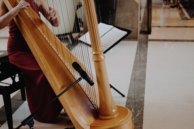 Joueur de harpiste femme vêtue d'une robe rouge jouant de la harpe