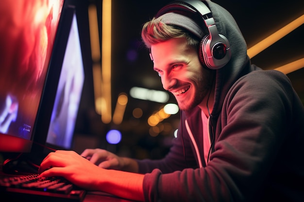 Un joueur heureux portant des écouteurs utilise un ordinateur la nuit avec une IA générative