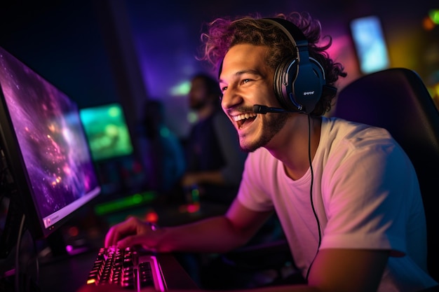 Un joueur heureux portant des écouteurs utilise un ordinateur la nuit avec une IA générative
