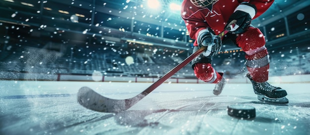 Un joueur de hockey génératif patine avec un bâton et une rondelle dans un stade de patinage sur glace.