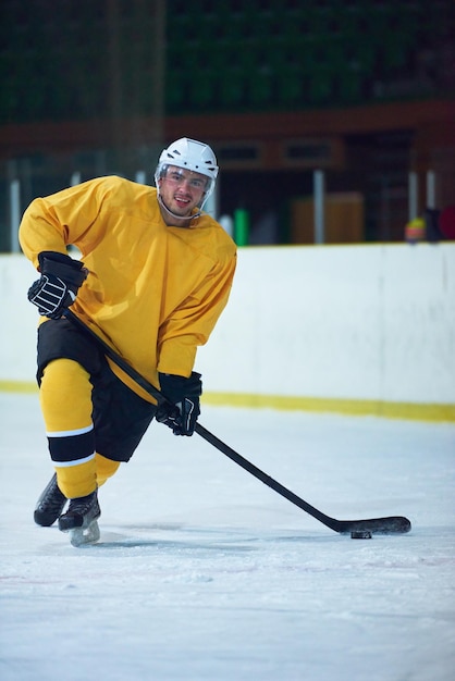 Joueur de hockey sur glace en action donnant des coups de pied avec un bâton