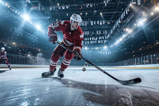 Photo joueur de hockey sur glace en action sur la patinoire le concept de sport, de passe-temps et de divertissement