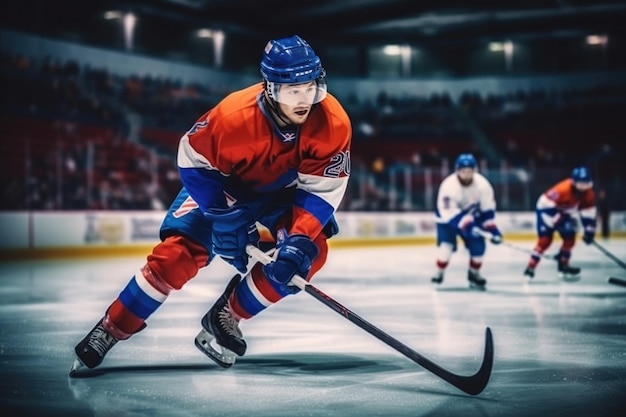 Joueur de hockey sur glace athlète dans l'uniforme rouge-bleu et le casque et les gants sur le stade