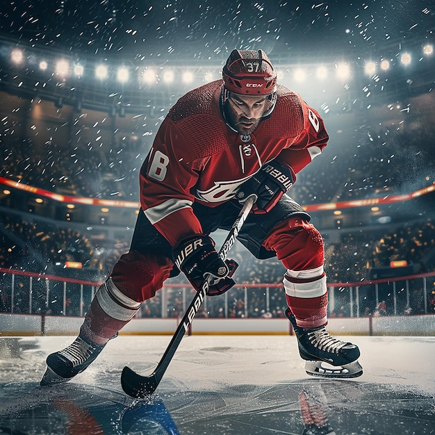 Un joueur de hockey sur glace dans un match au stade