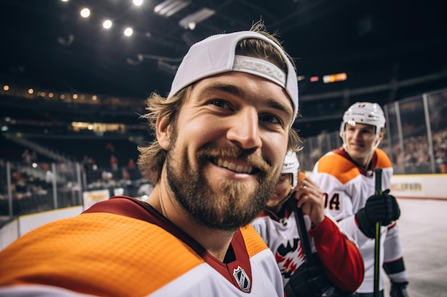 Joueur de hockey sur glace d'un groupe masculin prenant un selfie généré par l'IA