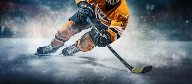 Photo un joueur de hockey sur glace patine dans un stade