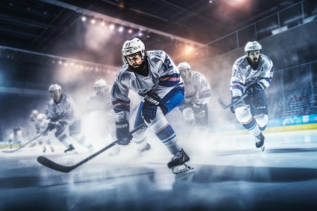 Un joueur de hockey joue au hockey dans le stade la nuit