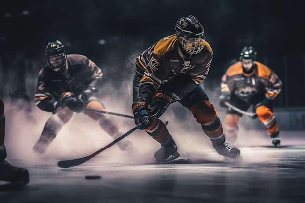 Un joueur de hockey joue au hockey dans le stade la nuit