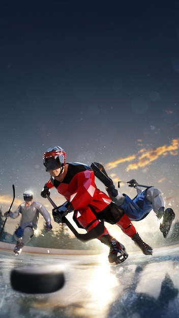 Un joueur de hockey joue dans l'arène de la patinoire. autour de la forêt et des montagnes illustration de style polygone de rendu 3d