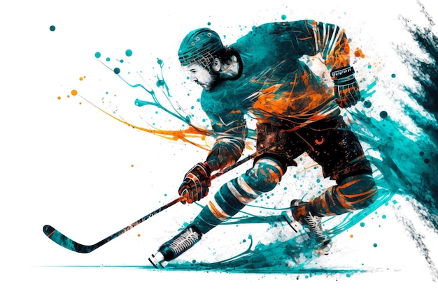 Joueur de hockey roulant sur la patinoire avec rondelle et bâton de hockey sur glace ai génératif