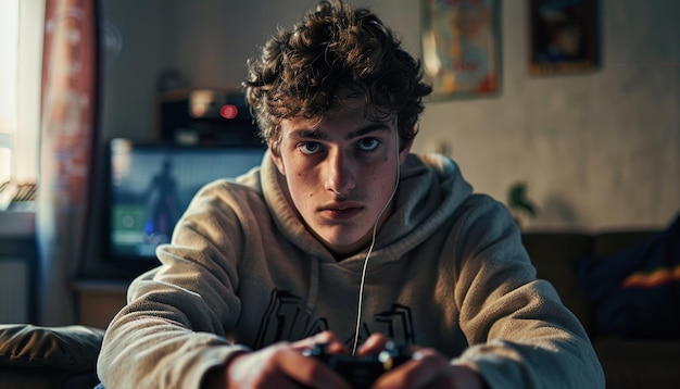 Joueur intense se concentrant sur le jeu vidéo