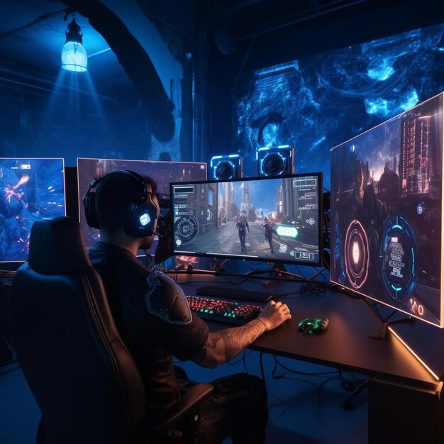 le joueur joue la console chambre de jeu au néon photo de haute qualité