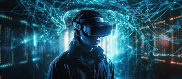 Joueur masculin portant des lunettes de réalité virtuelle dans le cyberespace du métaverse avec la réalité augmentée de l'avenir de l'IA générative