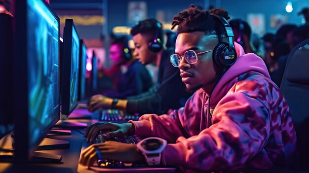 joueur noir en compétition en ligne avec des amis derrière un écran d'ordinateur concept de jeux vidéo