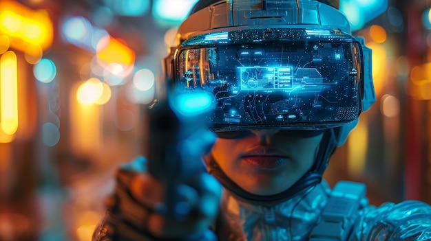 Photo un joueur d'ordinateur tout-puissant avec une arme en réalité virtuelle vr interface de jeu en ligne avec carte de niveau lunettes de réalité virtuelle et armure virtuelle sur le joueur vidéo