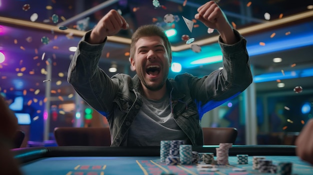 Un joueur de poker heureux fête dans une salle de poker.