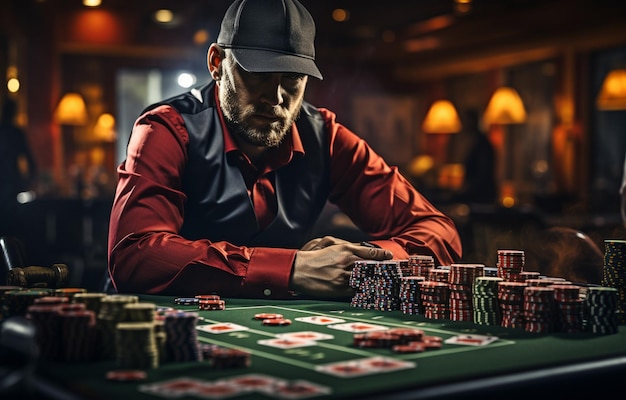 un joueur de poker à une table de casino avec des cartes à jouer et des jetons