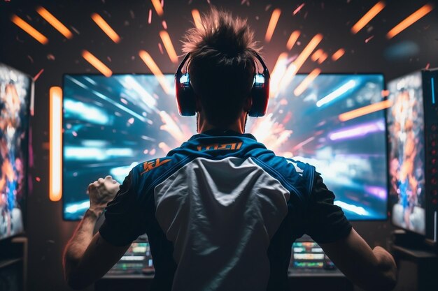 Photo un joueur professionnel d'esports célèbre sa victoire dans une salle d'arcade vue de derrière l'ia