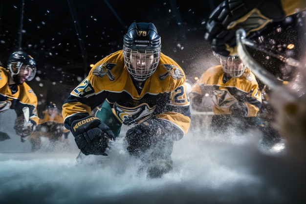 Joueur professionnel de hockey sur glace, image de style publicitaire, scène d'action, mouvement, concept cinématographique dramatique