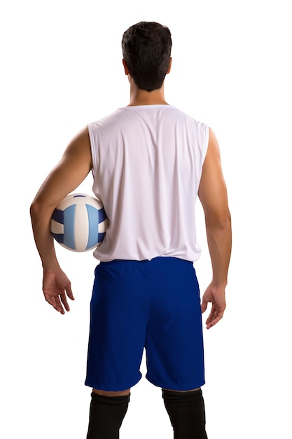 Joueur professionnel de volleyball français avec ballon. Isolé sur un espace blanc.