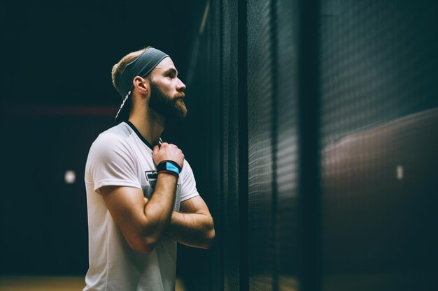 Un joueur de racquetball en profonde réflexion avant le match montrant l'aspect mental du sport