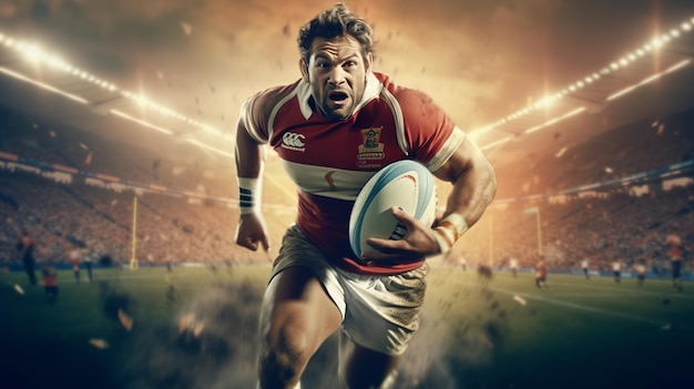 Joueur de rugby avec la balle en action dans le stade