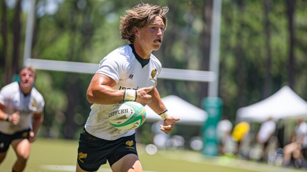 joueur de rugby en cours d'exécution tenant une balle de rugby dans un stade de rugby sur un terrain de rugby