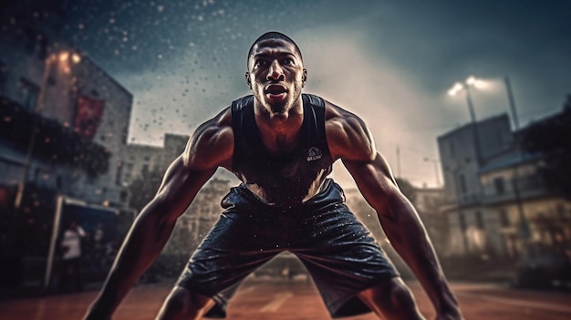 Un joueur de streetball américain posant pour une photo sur le terrain GENERATE AI