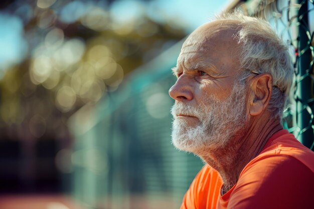 Un joueur de tennis âgé s'appuie sur une clôture