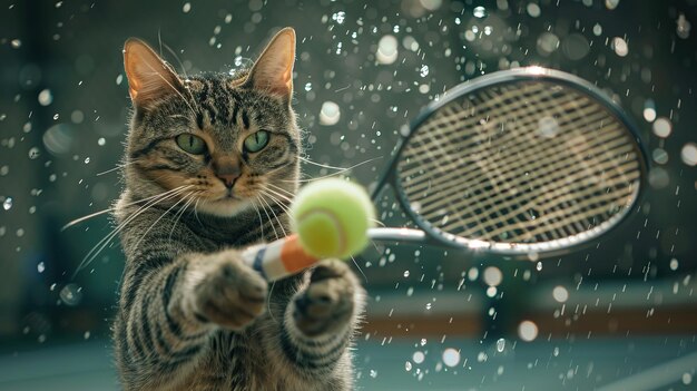 Photo joueur de tennis de chat avec une raquette frappant la balle generative ai