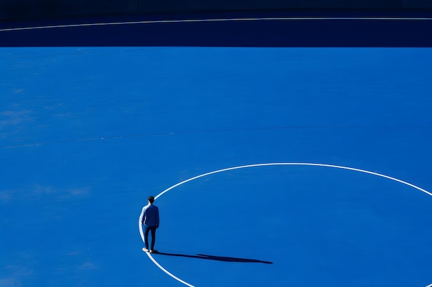 Joueur de tennis concentré en action sur le court bleu avec des lignes blanches en arrière-plan IA générative