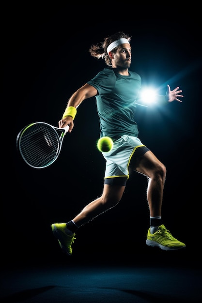 Photo un joueur de tennis masculin actif en vêtements de sport jouant au tennis isolé sur un fond sombre