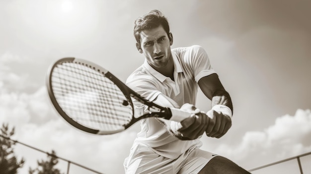 Un joueur de tennis masculin en action sur le terrain par une journée ensoleillée en noir et blanc