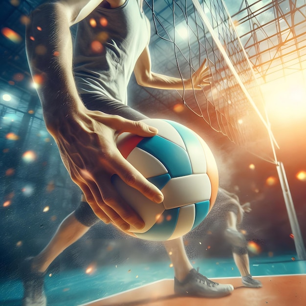 Photo joueur de volley-ball avec le ballon sur le fond du stade