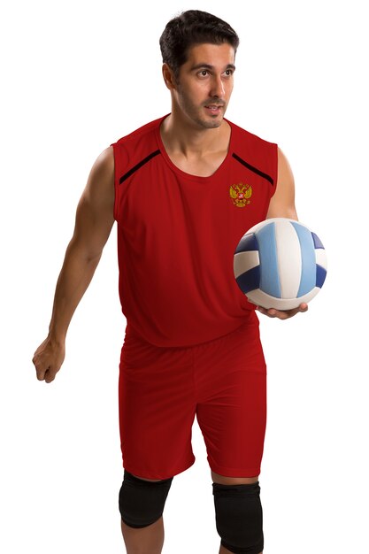 Joueur de volleyball professionnel russe avec ballon. Isolé sur un espace blanc.