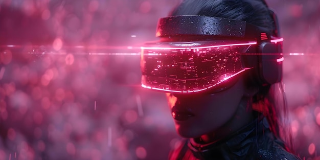 Le joueur de VR futuriste s'engage dans des batailles de jeu de réalité augmentée avec des épées laser et des cubes Concept Technologie futuriste Joueur de VR de VR augmentée Jeu d'épées laser cubes