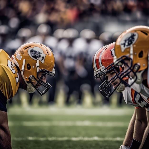 Joueurs de football américain dans un jeu d'action avec fond de stade de football