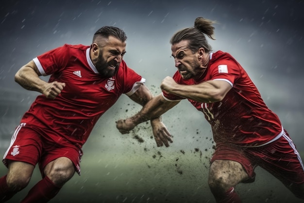 Des joueurs de football professionnels en action sur le terrain du stade jouant un match de football compétitif