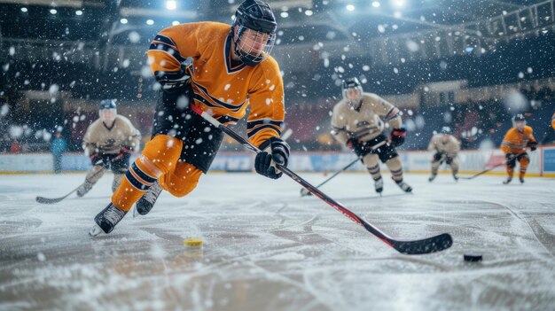 Les joueurs de hockey jouent au hockey au stade de hockey.